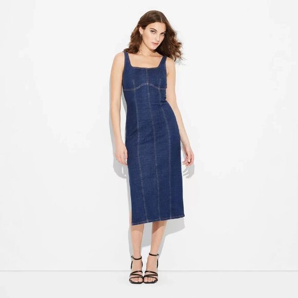 wild fable Dresses & Skirts - brand new Sz LARGE Wild Fable Women's Denim Midi Bodycon Dress in Dark Blue Wash